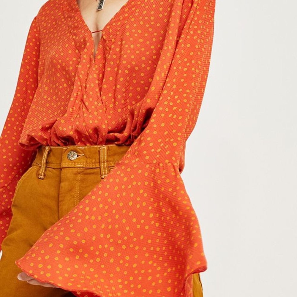 Free People Makin' Waves Polka Dot Bell Sleeve Bodysuit